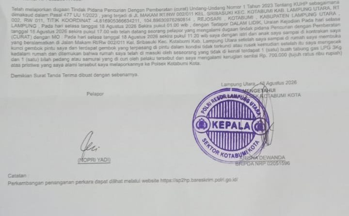 Pelaku Curat di Kelurahan Sribasuki Selalu Incar Tabung Gas,  Rumah Nopri Yadi Digasak Maling
